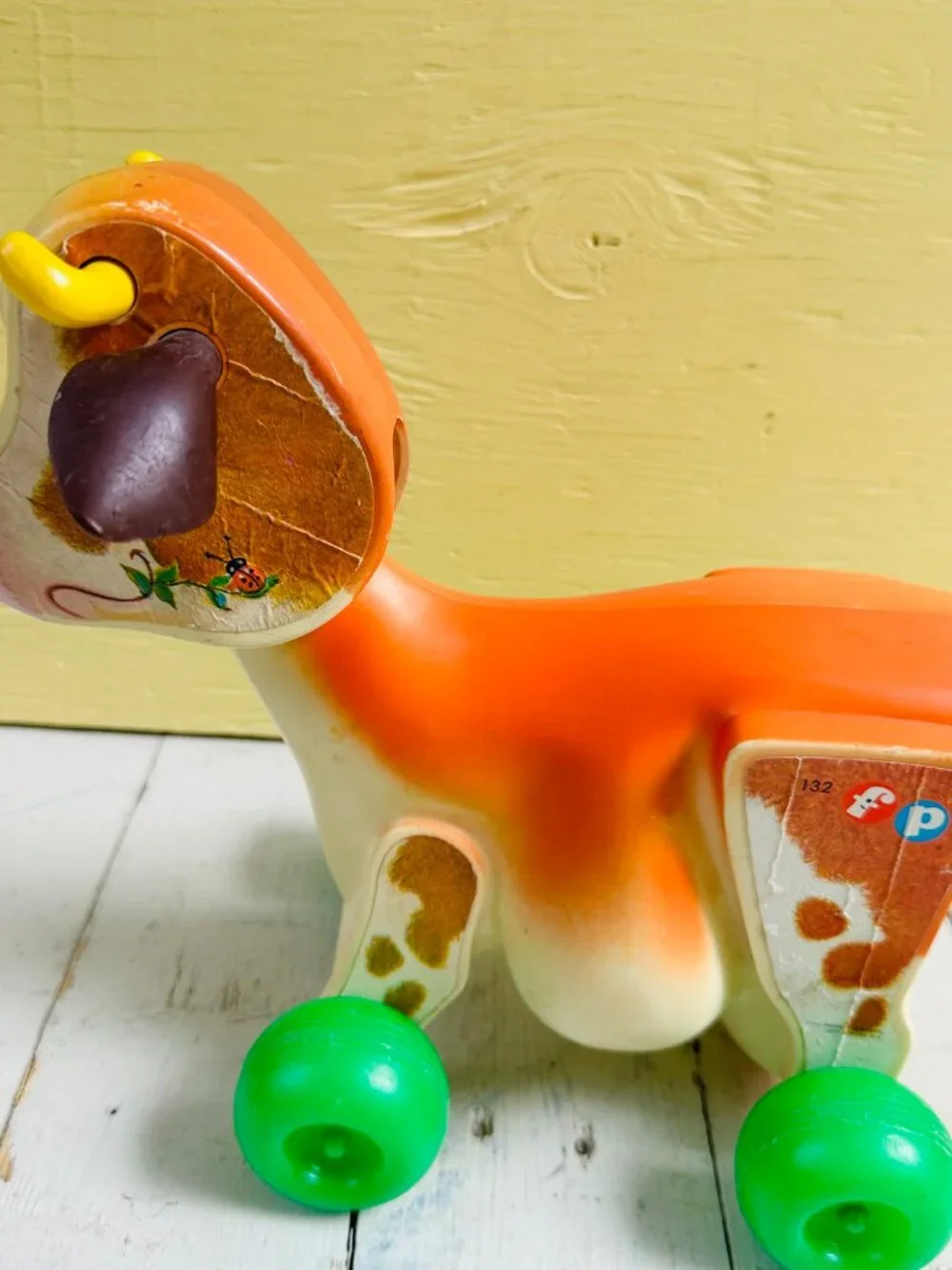 Vintage 1972 Fisher-Price Molly Moo Cow #132 Pull Toy Green Wheels USA